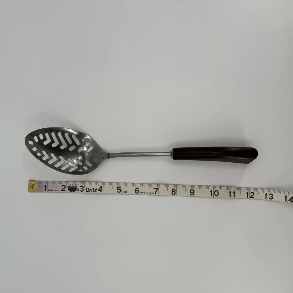 Vtg 50s A J Stainless Steel Slotted Serving Spoon Bakelite Handle Made In USA